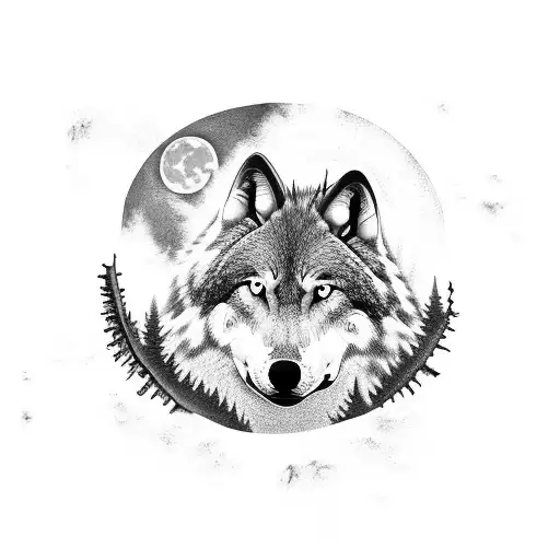 wilderness scene with a big moon, wolves, fire, dogtags, old watch and dragon sleeve tatoo tattoo design idea