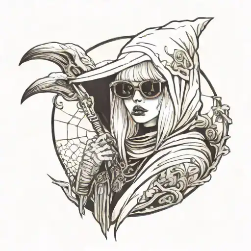 albino girl in grim reaper outfit with sunglasses  tattoo design idea