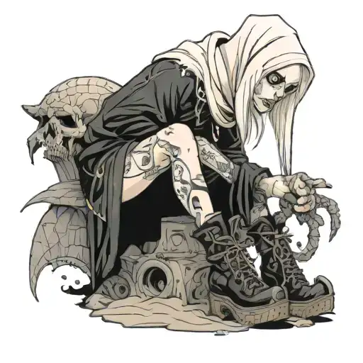 albino girl in grim reaper outfit and platform boots  tattoo design idea