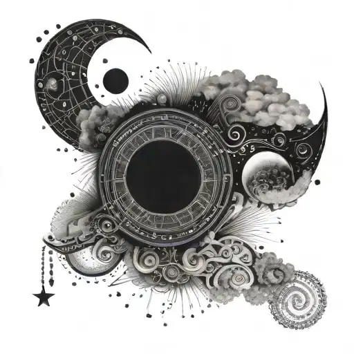 A celestial scene with a sun and moon intertwined, symbolizing the endless love for her children, with the names Mario, Natascha, and Pascal subtly hidden in the design in Morse code tattoo design idea