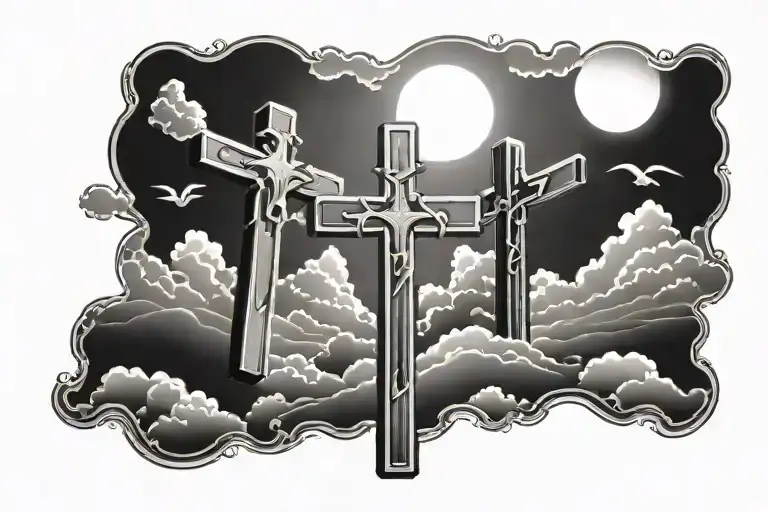 three crosses with clouds underneath and sun rays on top tattoo design idea