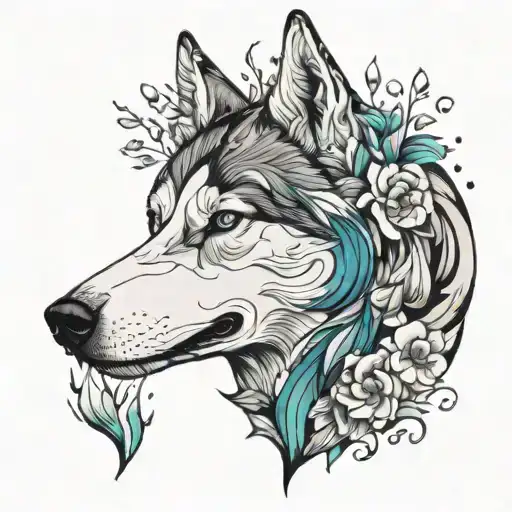 A majestic husky surrounded by a swirling aurora borealis and blooming flowers tattoo design idea