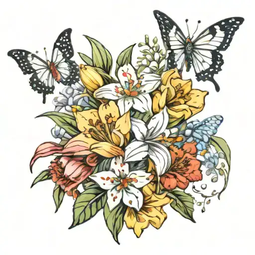 bouquet of snow drop, daffodil, honeysuckle, poppy, gladiolus with butterflies tattoo design idea