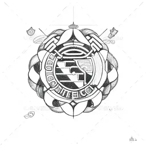 A sketch-style illustration of a Dendermonde landmark intertwined with the Club Brugge emblem tattoo design idea