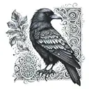 A majestic crow with intricate runic patterns integrated into its feathers, symbolizing strength and wisdom tattoo design idea