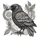 A majestic crow with intricate runic patterns integrated into its feathers, symbolizing strength and wisdom tattoo design idea