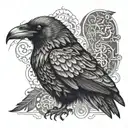 A majestic crow with intricate runic patterns integrated into its feathers, symbolizing strength and wisdom tattoo design idea