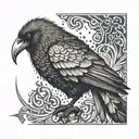 A majestic crow with intricate runic patterns integrated into its feathers, symbolizing strength and wisdom tattoo design idea