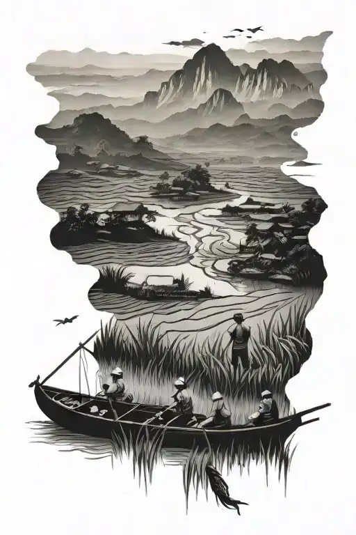 vietnam ricefield boat women mountains panorama tattoo design idea