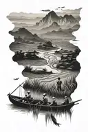 vietnam ricefield boat women mountains panorama tattoo design idea