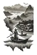 vietnam ricefield boat women mountains panorama tattoo design idea