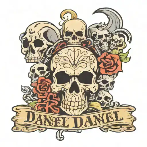 Last name Daniel with biker skulls surrounding it tattoo design idea