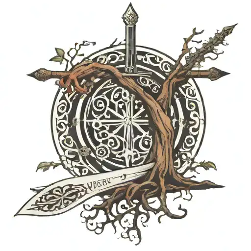 tree of life with a sword underneath, . The sword is broken, amor vincit omnia written in place of the blade tattoo design idea