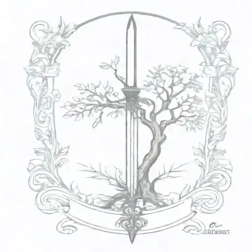 tree of life with a sword underneath, . The sword is broken, "amor vincit omnia "written in place of the blade tattoo design idea