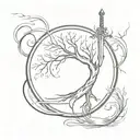 tree of life with a sword underneath, . The sword is broken, amor vincit omnia written in place of the blade tattoo design idea
