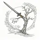 tree of life with a sword underneath, . The sword is broken, amor vincit omnia written in place of the blade tattoo design idea