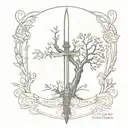 tree of life with a sword underneath, . The sword is broken, amor vincit omnia written in place of the blade tattoo design idea