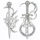 tree of life with a sword underneath, . The sword is broken, amor vincit omnia written in place of the blade tattoo design idea