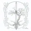 tree of life with a sword underneath, . The sword is broken, "amor vincit omnia "written in place of the blade tattoo design idea