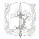 tree of life with a sword underneath, . The sword is broken, "amor vincit omnia "written in place of the blade tattoo design idea