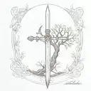 tree of life with a sword underneath, . The sword is broken, "amor vincit omnia "written in place of the blade tattoo design idea