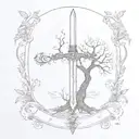 tree of life with a sword underneath, . The sword is broken, "amor vincit omnia "written in place of the blade tattoo design idea