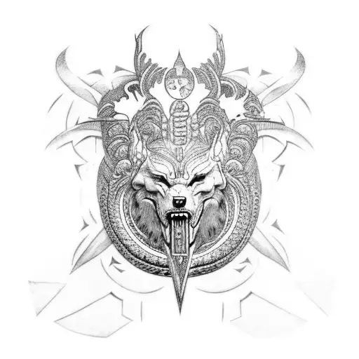 goddess hel, fenrir at her feet and jormungand around them tattoo design idea