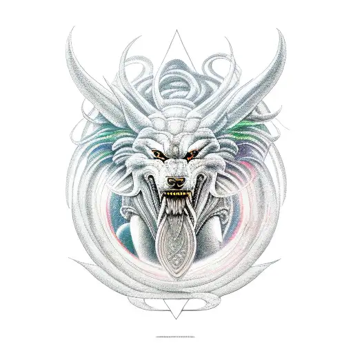 goddess hel, fenrir at her feet and jormungand around them tattoo design idea