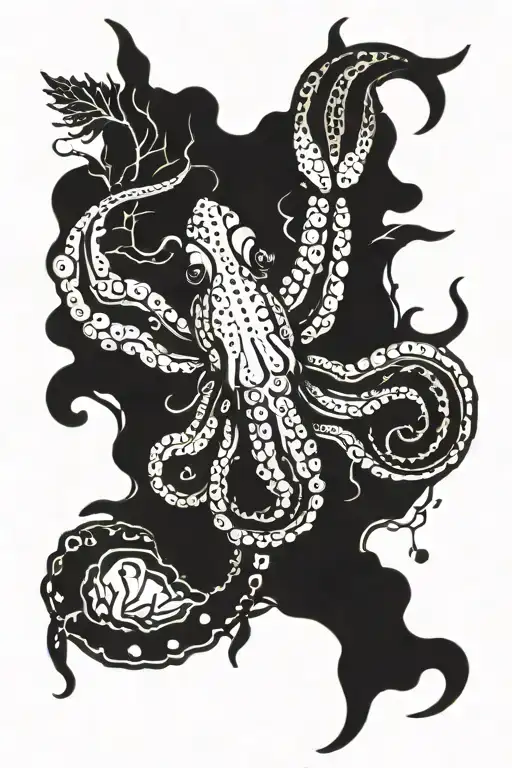 Octopus lobster, manta ray, kelp tattoo design idea