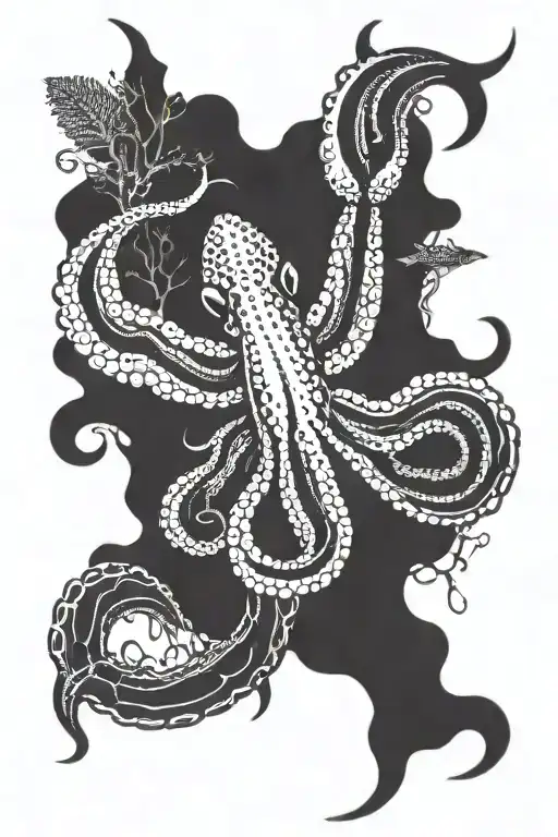 Octopus, lobster, manta ray, kelp tattoo design idea