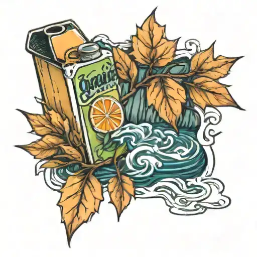 orange juice box, autumn leaves, river flowing tattoo design idea