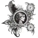 forearm tatoo, write"time heals all wounds" under a eye above the write a stilized person that hols a baby tattoo design idea