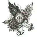 forearm tatoo, write"time heals all wounds" under a eye above the write a stilized person that hols a baby tattoo design idea