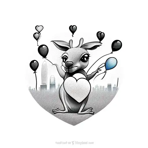 Kangaroo is holding a heart shape balloon which has hong kong skyline in the balloon tattoo design idea