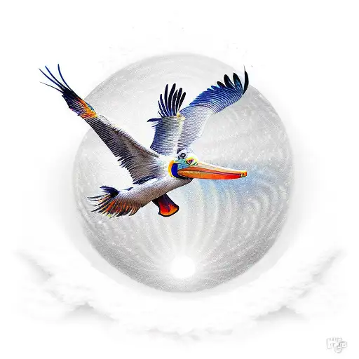Pelican flying accross an orange sun tattoo design idea
