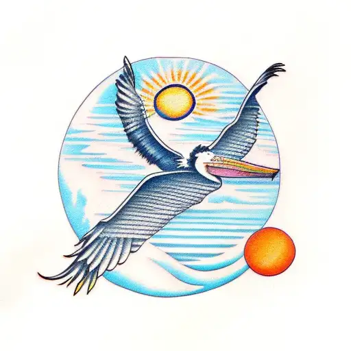 Pelican flying accross an orange sun tattoo design idea