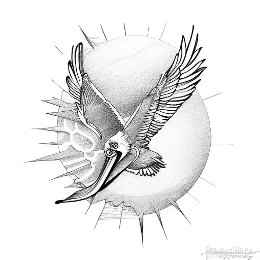 Pelican flying accross an orange sun tattoo design idea