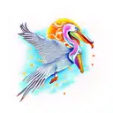 Pelican flying accross an orange sun tattoo design idea