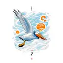 Pelican flying accross an orange sun tattoo design idea