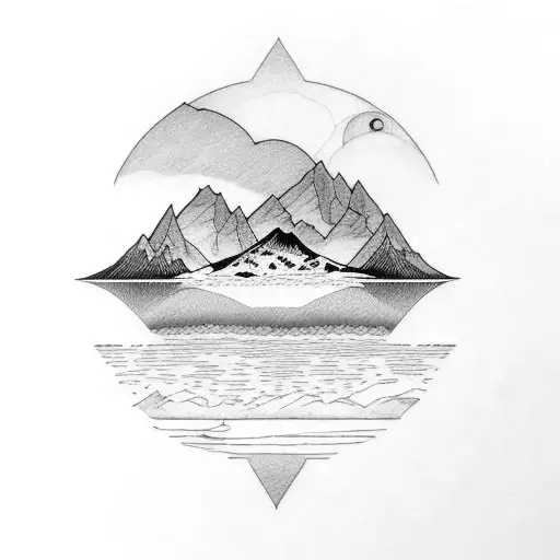 Lake with mountainous background and planet Saturn  tattoo design idea