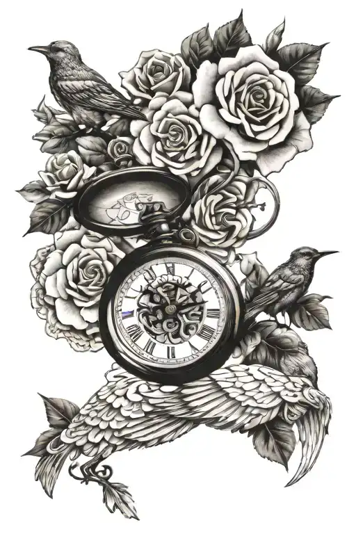detailed pocket watch surrounded by detailed roses with detailed birds  tattoo design idea