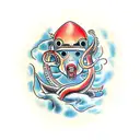 battleship fighting a giant squid  tattoo design idea