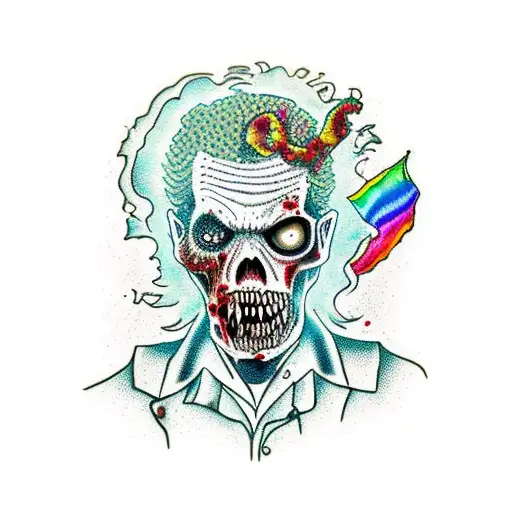 A zombified doctor eating vegan brains and holding a gay pride flag tattoo design idea