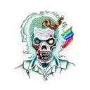 A zombified doctor eating vegan brains and holding a gay pride flag tattoo design idea