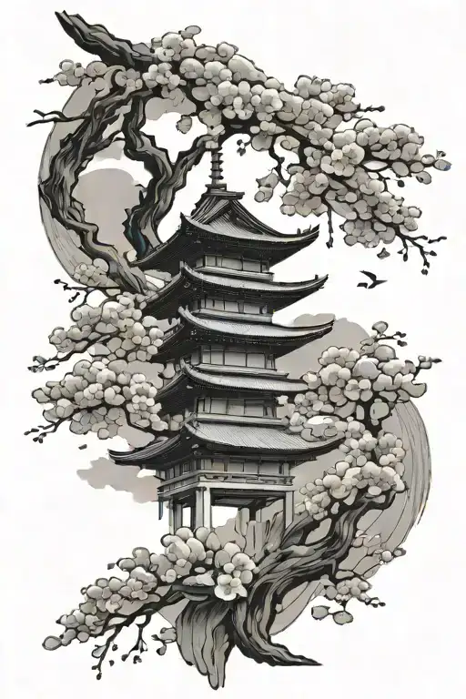 A modern interpretation of a Japanese temple surrounded by cherry blossom petals, symbolizing peace and tranquility tattoo design idea