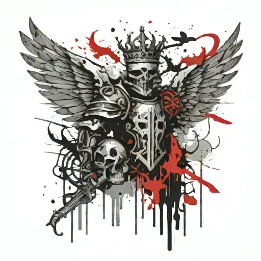 Knight Cross with Crown over royal skull Angel Phoenix bird flying tattoo design idea
