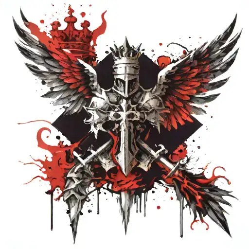 Knight Cross with Crown over Angel Phoenix bird  tattoo design idea