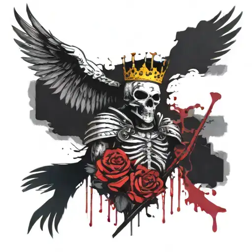 Knight Cross with Crown over royal skull Angel Phoenix bird flying red rose  tattoo design idea