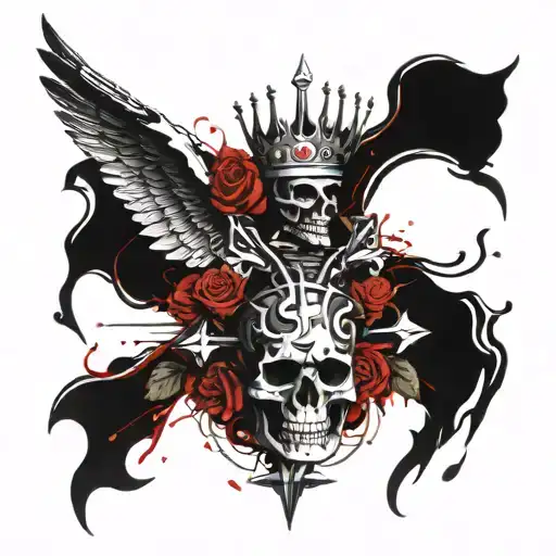 Knight Cross with Crown over royal skull Angel Phoenix bird flying red rose  tattoo design idea