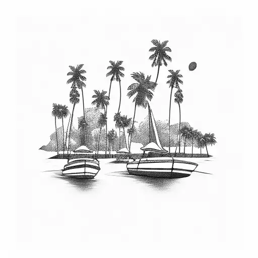 beach, palm trees, boat, Miami skyline, girls face tattoo design idea